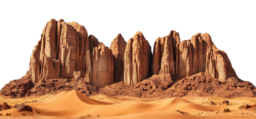 Towering rock formations in a sandy desert landscape, isolated on transparent cutout background