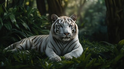 Obraz premium Majestic White Tiger Relaxing on Lush Green Grass in Serene Jungle Setting: Showcasing the Tranquility and Beauty of Rare Wildlife in a Natural Environment