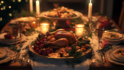 Festively set table with roasted chicken, side vegetables, and holiday dishes, capturing a warm family gathering atmosphere in high-resolution Unreal Engine style