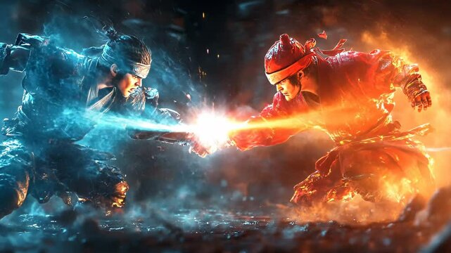 Intense duel between two warriors wielding elemental swords in a mystical arena