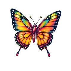 A vibrant butterfly showcases an array of colors, including yellow, orange, and hints of blue and pink. Its wings are intricately patterned with delicate edging that enhances its beauty.