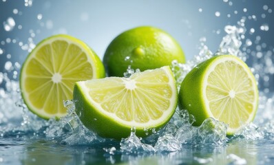 Fresh limes splashing in water
