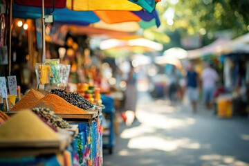 Colorful Market Scene with Vibrant Spices and Bokeh Background in Outdoor Setting