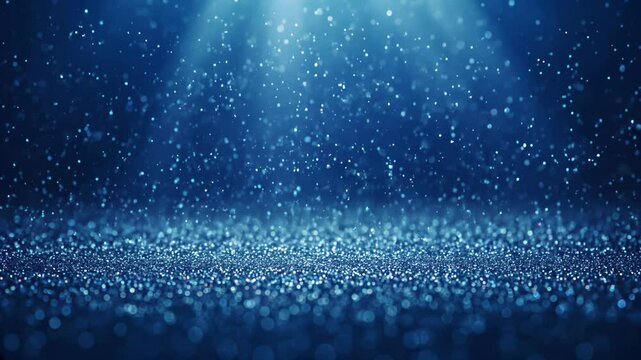 Luxurious beautiful dark blue navy bokeh light effect background with shimmer, particles falling down, ight god rays, abstract glitter lights. Product Scene Mockup or Christmas background		