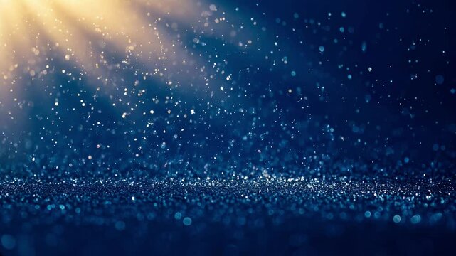 Luxurious beautiful dark blue navy bokeh light effect background with shimmer, particles falling down, ight god rays, abstract glitter lights. Product Scene Mockup or Christmas background		
