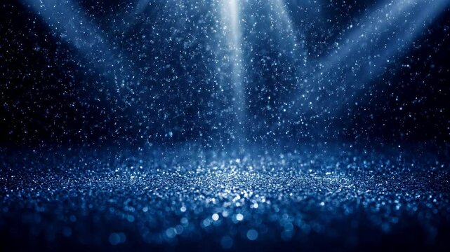 Luxurious beautiful dark blue navy bokeh light effect background with shimmer, particles falling down, ight god rays, abstract glitter lights. Product Scene Mockup or Christmas background		