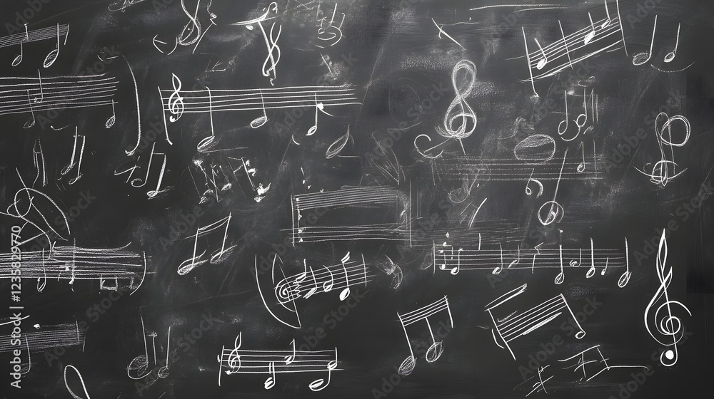 Aufkleber Abstract rendering of various musical notation symbols including treble clef bass clef notes and other musical elements drawn on a chalkboard or blackboard background  Conceptual of music melody