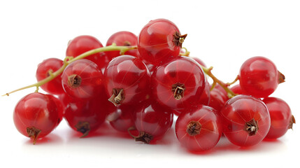 Directly above shot of red currants in container surrounded with berry fruits on table A close up of a bunch of ripe red currants with green leaves. showcasing their juicy, Generative AI

