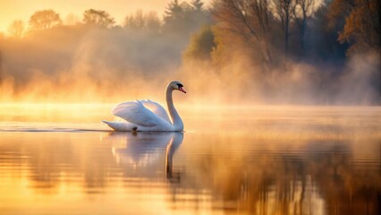 Fototapeta premium Mute swan gliding across misty lake at dawn, lake, bird, lake, bird,beauty, fluid motion, serene, wildlife