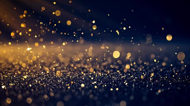 Luxurious beautiful dark blue navy bokeh light effect background with shimmer, golden particles falling down, ight god rays, abstract glitter lights. Product Scene Mockup or Christmas background	