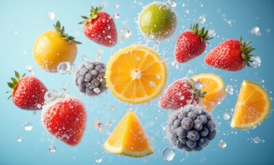 Vibrant fruit splash on blue background