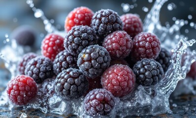 Fresh blackberries and raspberries splashing water