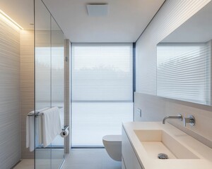 Modern minimalist bathroom, sleek design, bright lighting.
