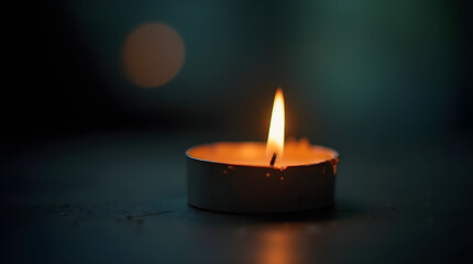 Fototapeta premium Single Burning Candle in Dark Room Teal Background Low Light Photography Mood Atmosphere Peace Tranquility