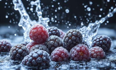 Frozen berries splashing in water