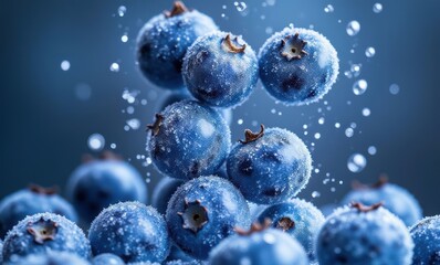 Frosted blueberries on blue background