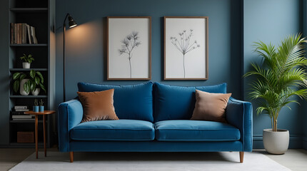Luxury Teal Velvet Sofa in Modern Living Room Design with Botanical Prints and Mid-Century Modern Accents
