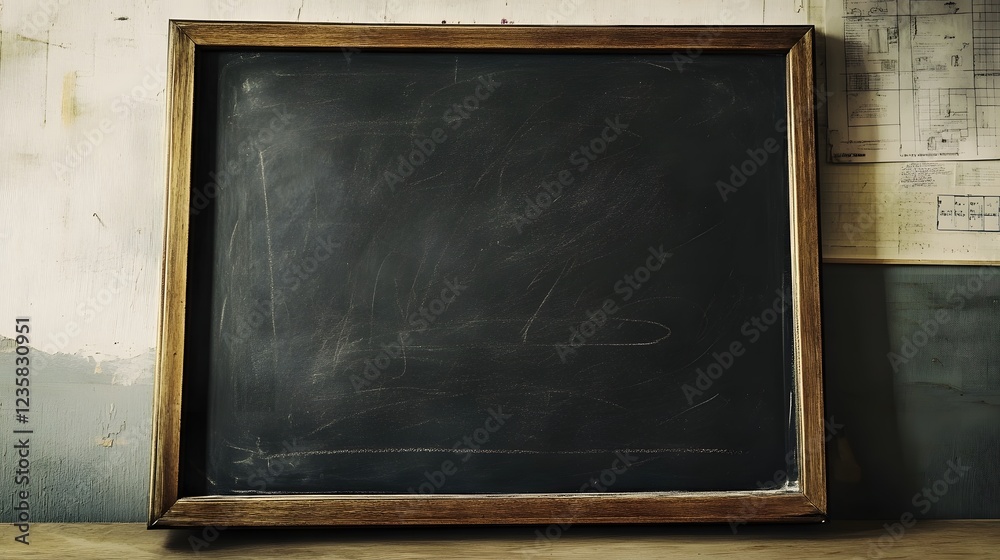 Poster aged vintage style chalkboard with wooden frame in empty classroom or lecture hall interior copy spa
