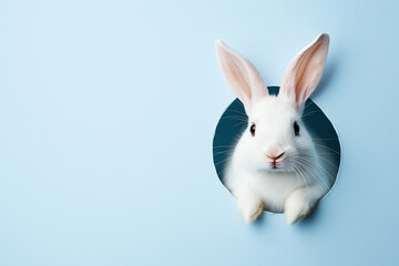 Obraz premium Beautiful white rabbit comes out of a hole on a blue background. Easter egg banner concept.