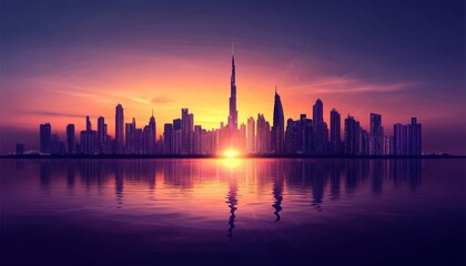 Cityscape Silhouette at Sunset Over Water Reflection