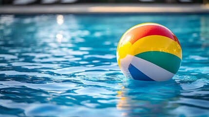rainbow striped beach ball in pool water