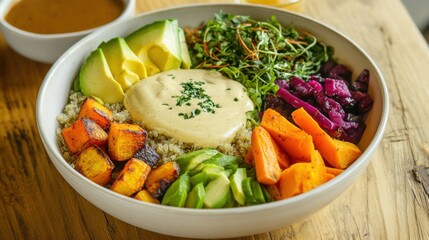 Colorful vegan bowl, quinoa, roasted vegetables, avocado, tahini dressing, rustic table, healthy food, plant-based, organic ingredients, balanced nutrition, presentation, gourmet meal, vibrant dish