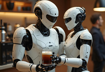 Robots Serving Coffee Futuristic Cafe Scene AI