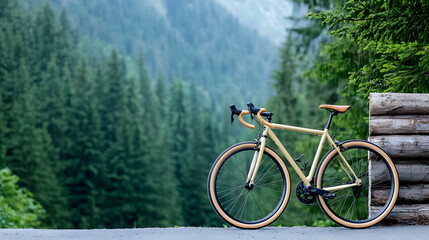 Fototapeta premium Road bike rests by mountain logs, scenic forest backdrop, travel adventure