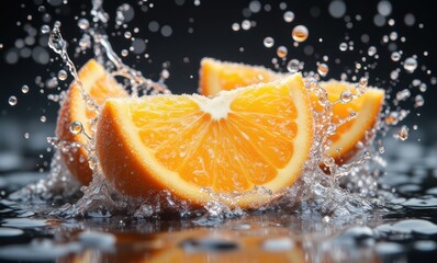 Fresh orange slices splashing in water
