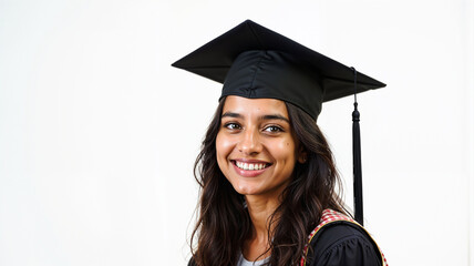 Celebrate the joy of graduation with this heartwarming image of a beautiful young woman wearing a cap and gown. Her beaming smile conveys a sense of accomplishment and promise