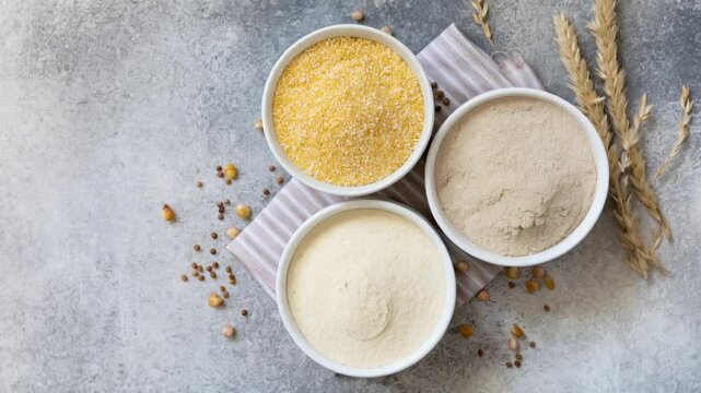 Bowls of cornmeal and flour with wheat sprigs on rustic table with striped napkin
