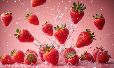 Fresh strawberries splashing in water