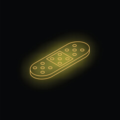 Yellow neon icon of an adhesive bandage glowing on black background