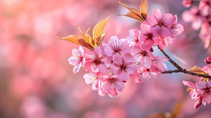 Obraz premium A blooming cherry blossom tree with pink flowers on a bokeh background