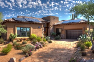 Fototapeta premium Tan Stucco Desert Home with Solar Panels and Lush Landscaping