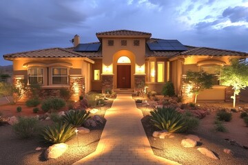 Fototapeta premium Tan Stucco Desert Home With Solar Panels At Dusk