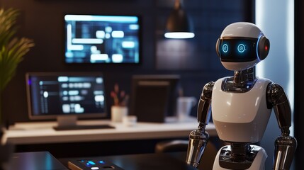 Humanoid robot personal assistant managing digital communications in a high-tech home office, tech-savvy environment with distant view of digital screens and communication devices