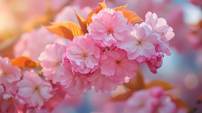 A blooming cherry blossom tree with pink flowers on a bokeh background