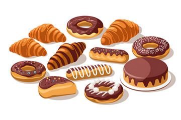 Variety of pastries including donuts, cakes. Vector. Illustration. Graphics