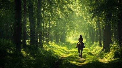 Woman Rides Horse Through Sunlit Forest Path