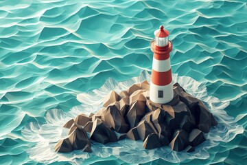 Low poly lighthouse on a small island in the ocean.  Abstract geometric illustration of a tranquil coastal scene.