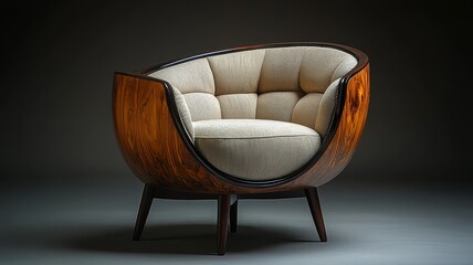Elegant modern armchair with a unique curved design, showcasing rich wood grain and plush upholstery, perfect for stylish interior decor.