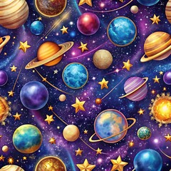 Colorful space scene with planets and stars