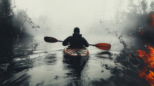A solitary kayaker paddles through a misty lake, surrounded by trees and splashing water, evoking tranquility