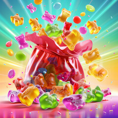 A pack of gummy bears with colorful candies spilling out, set against a bright and playful background, fun and sweet