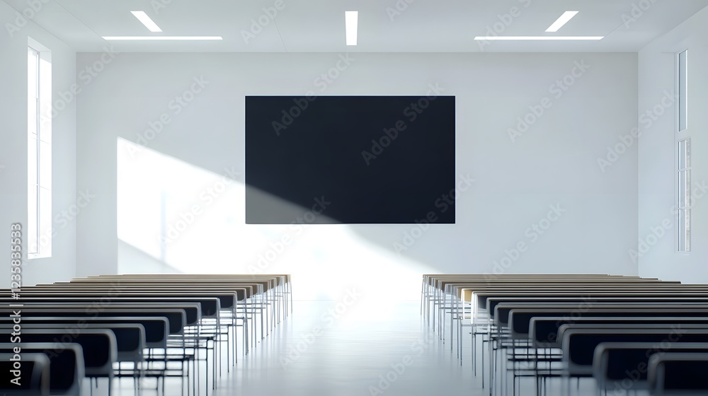 Poster Bright and airy empty interior of a classroom lecture hall or auditorium with rows of chairs and desks offering a clean and minimalist space ideal for educational training