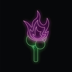 Bright neon sign showing a burning tree with two green circles, perfect for themes of nature and fire