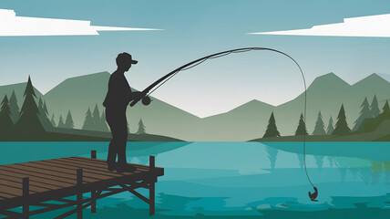 Naklejka premium A stunning silhouette illustration of a person fishing by a tranquil lake at sunset, surrounded by lush trees and calm water, capturing a peaceful outdoor moment in nature. 