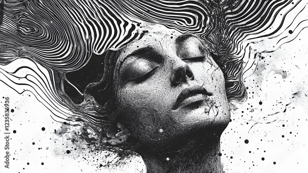Poster brooding monochrome portrait with dramatic texture and splatter