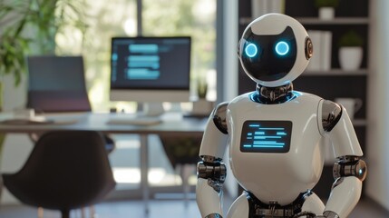Humanoid robot personal assistant managing digital communications in a high-tech home office, tech-savvy environment with distant view of digital screens and communication devices